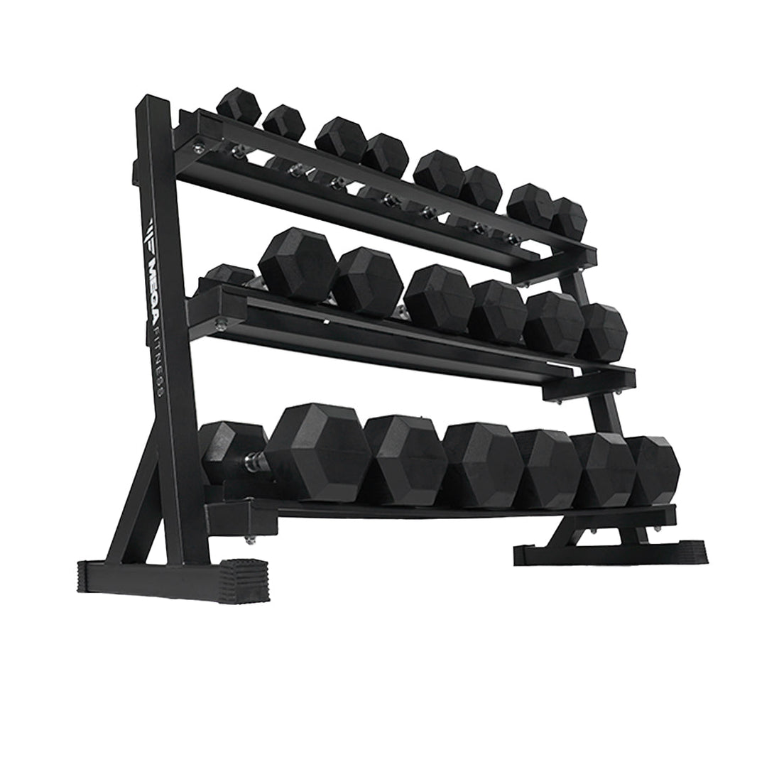 Mega Fitness - Rubber Hex Dumbbells Set 5-50lbs with Stand