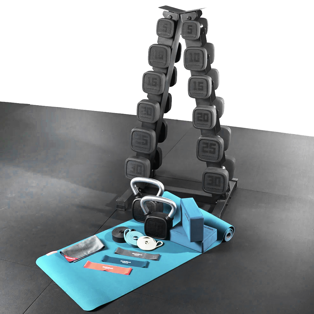 IFIT 5-30 URETHANE DUMBBELL SET WITH ACCESSORIES AND RACK