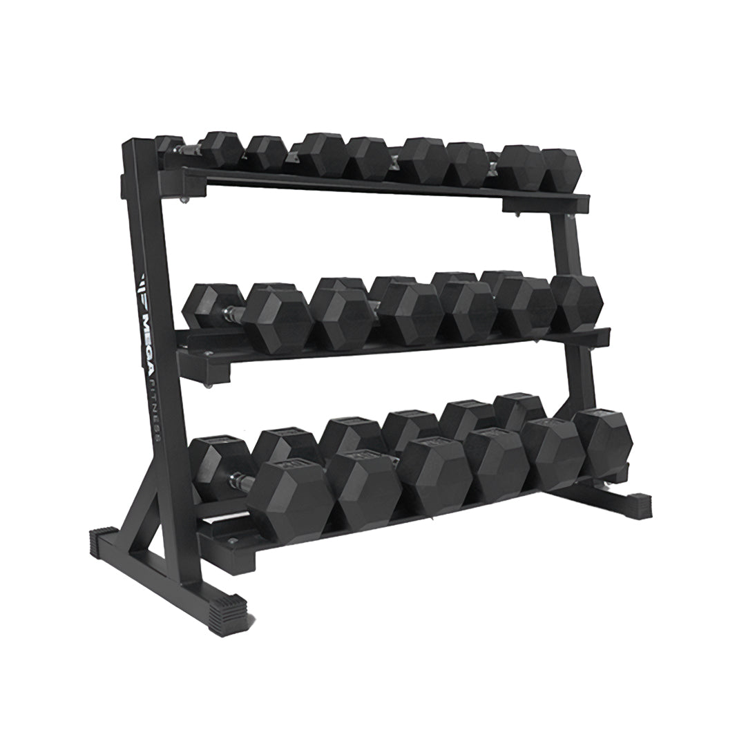 Mega Fitness - Rubber Hex Dumbbells Set 5-50lbs with Stand