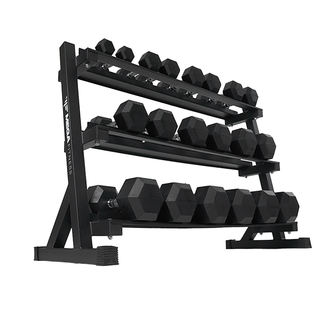 Mega Fitness - Rubber Hex Dumbbells Set 5-50lbs with Stand
