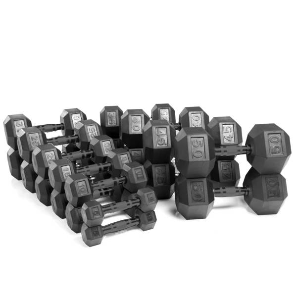 Prepacked 5-50LB Virgin Rubber Hex Dumbbell Set